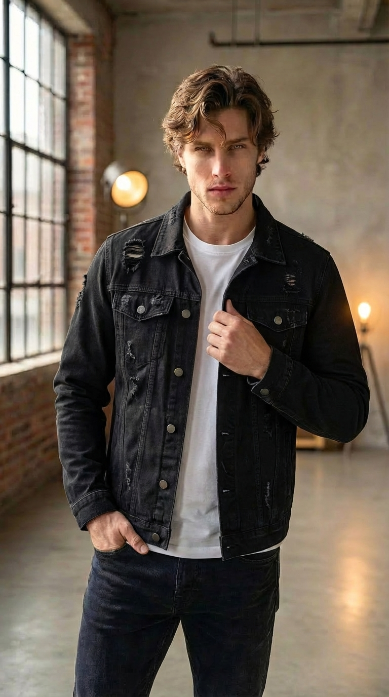 Men’s Bestseller Distressed Black Denim Jacket – Vintage Workwear Street Coat