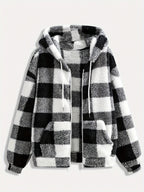 Women’s Checkered Plush Fleece Jacket – Mustard Yellow Zip-Up Winter Coat