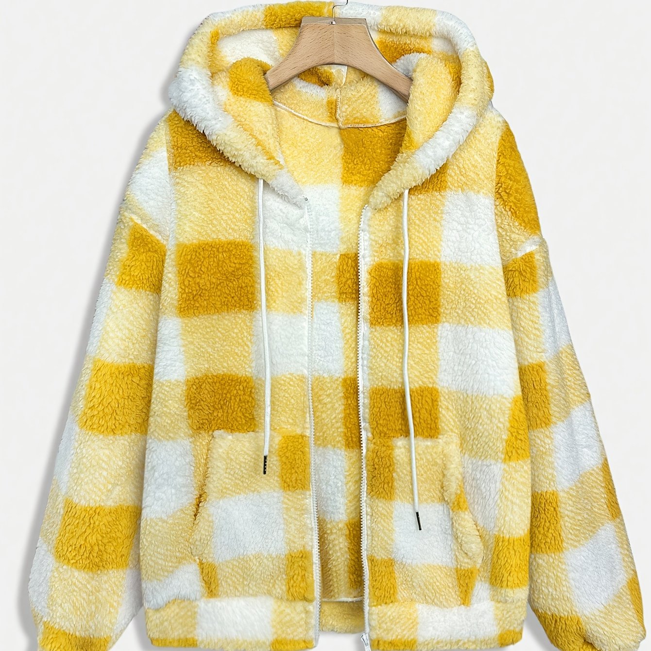 Women’s Checkered Plush Fleece Jacket – Mustard Yellow Zip-Up Winter Coat