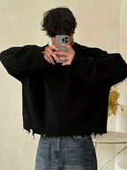 Men’s Black Distressed Fringe Sweater – Oversized Streetwear Long Sleeve Pullover
