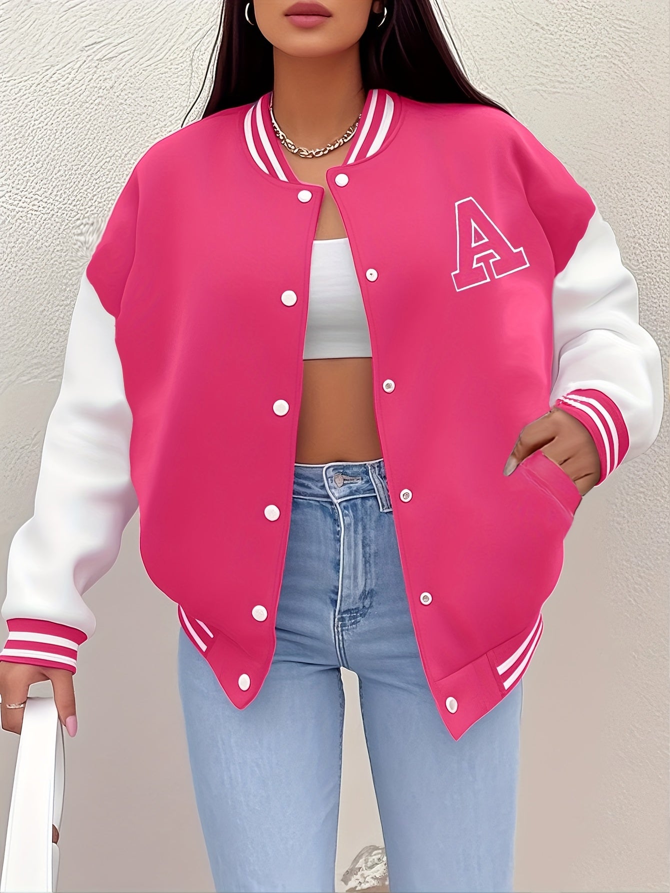 Women’s Black & Beige Letter A Baseball Jacket – Button-Up, Functional Pockets, Fall/Winter Outerwear