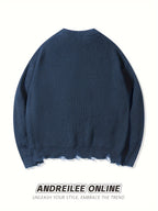 Unisex Distressed Sweater – Frayed Hem & Sleeves Loose Knit Street Pullover