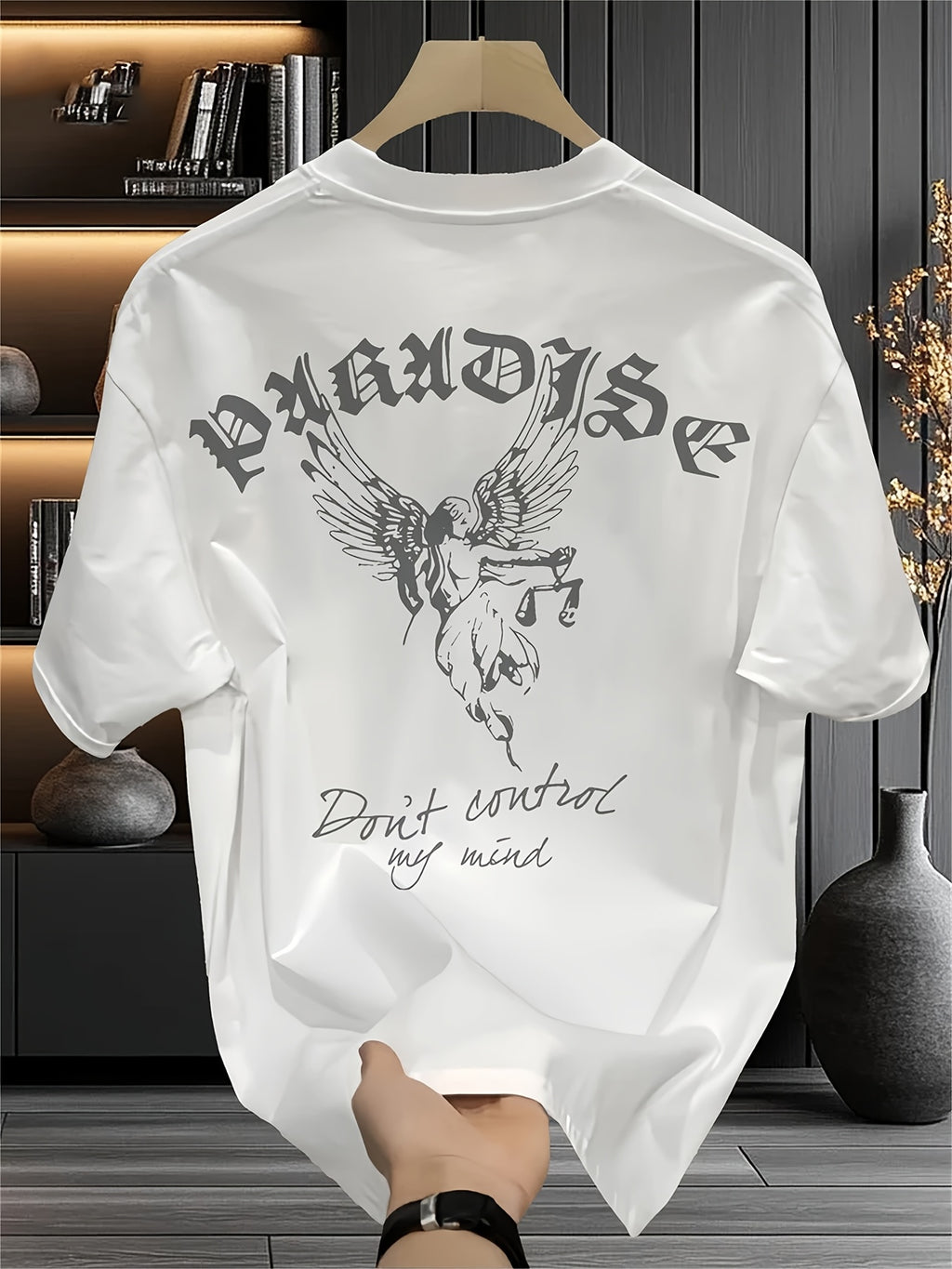 Men’s Heavyweight Graphic Tee – Gothic Lettering & Winged Justice Design