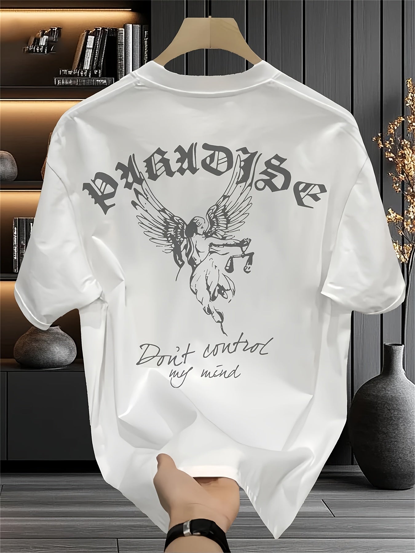 Men’s Heavyweight Graphic Tee – Gothic Lettering & Winged Justice Design