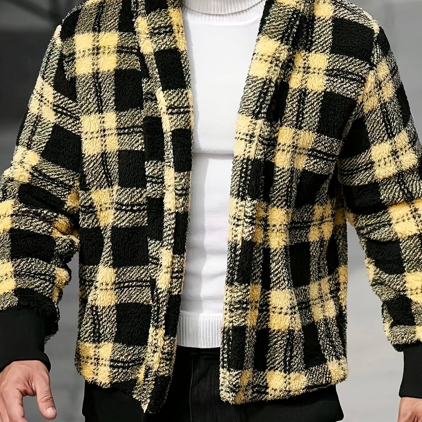 Men’s Plush Checkered Jacket – Black & Yellow Soft Thermal Fall/Winter Coat