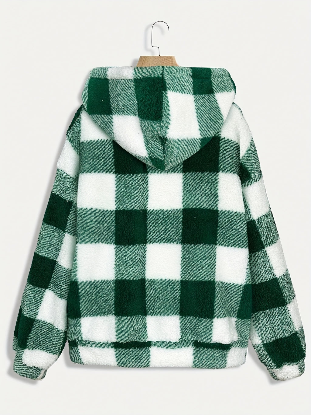 Women’s Checkered Plush Fleece Jacket – Mustard Yellow Zip-Up Winter Coat