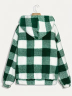 Women’s Checkered Plush Fleece Jacket – Mustard Yellow Zip-Up Winter Coat