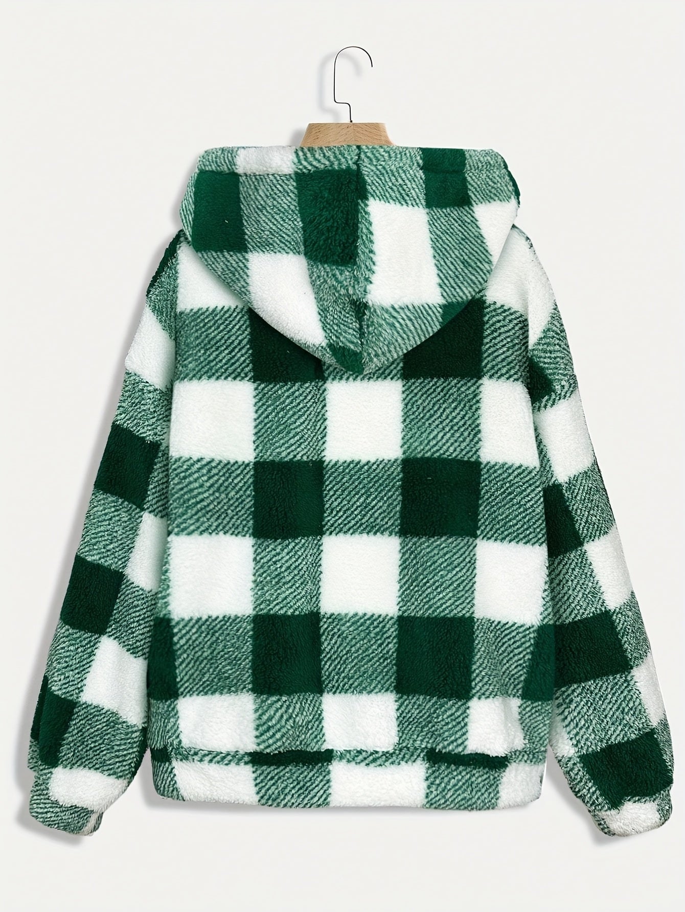 Women’s Checkered Plush Fleece Jacket – Mustard Yellow Zip-Up Winter Coat