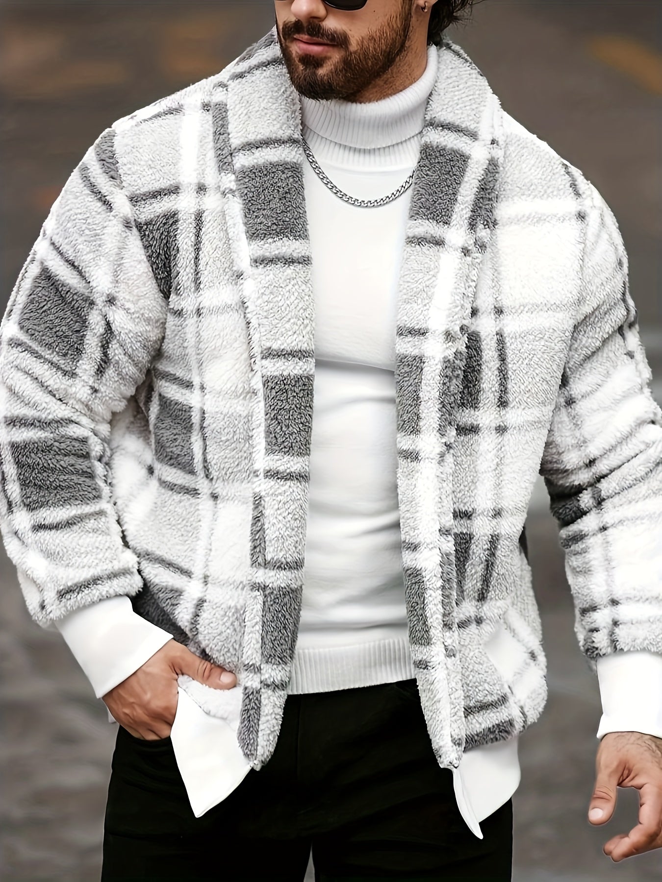 Men’s Plush Checkered Jacket – Black & Yellow Soft Thermal Fall/Winter Coat