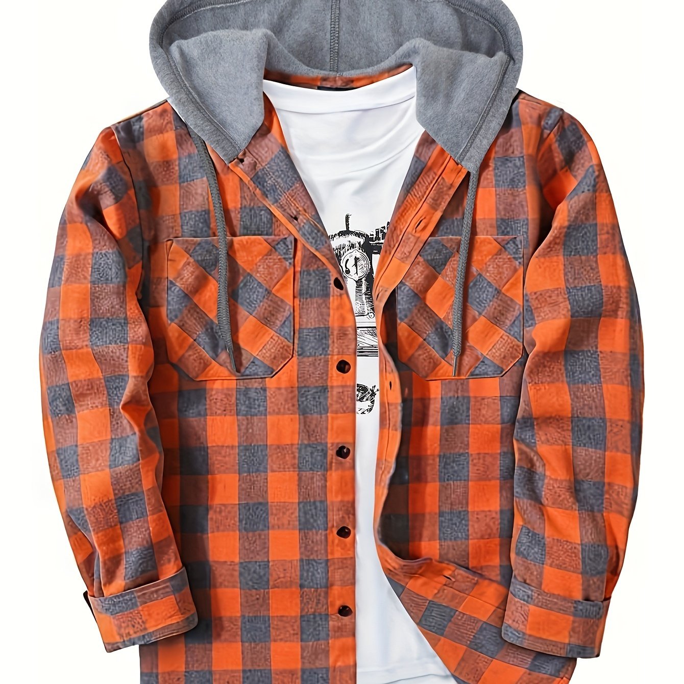Men’s Plaid Hooded Jacket – Button-Front Checkered Fall/Winter Shirt Coat
