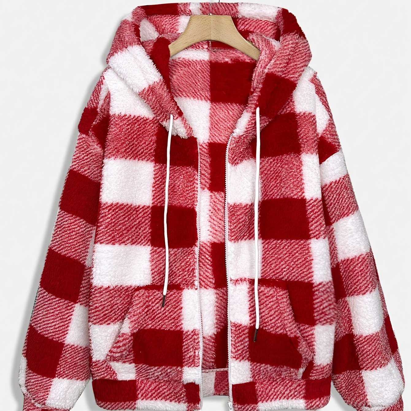 Women’s Checkered Plush Fleece Jacket – Mustard Yellow Zip-Up Winter Coat