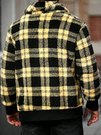 Men’s Plush Checkered Jacket – Black & Yellow Soft Thermal Fall/Winter Coat