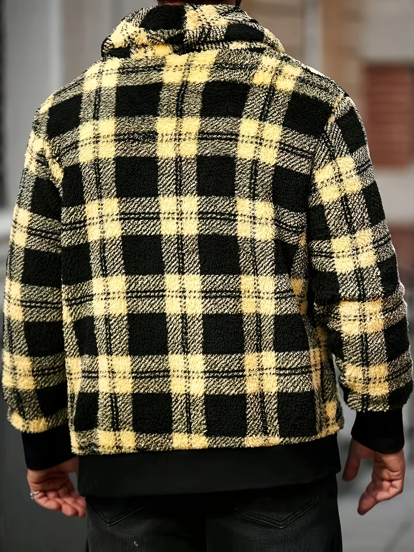 Men’s Plush Checkered Jacket – Black & Yellow Soft Thermal Fall/Winter Coat