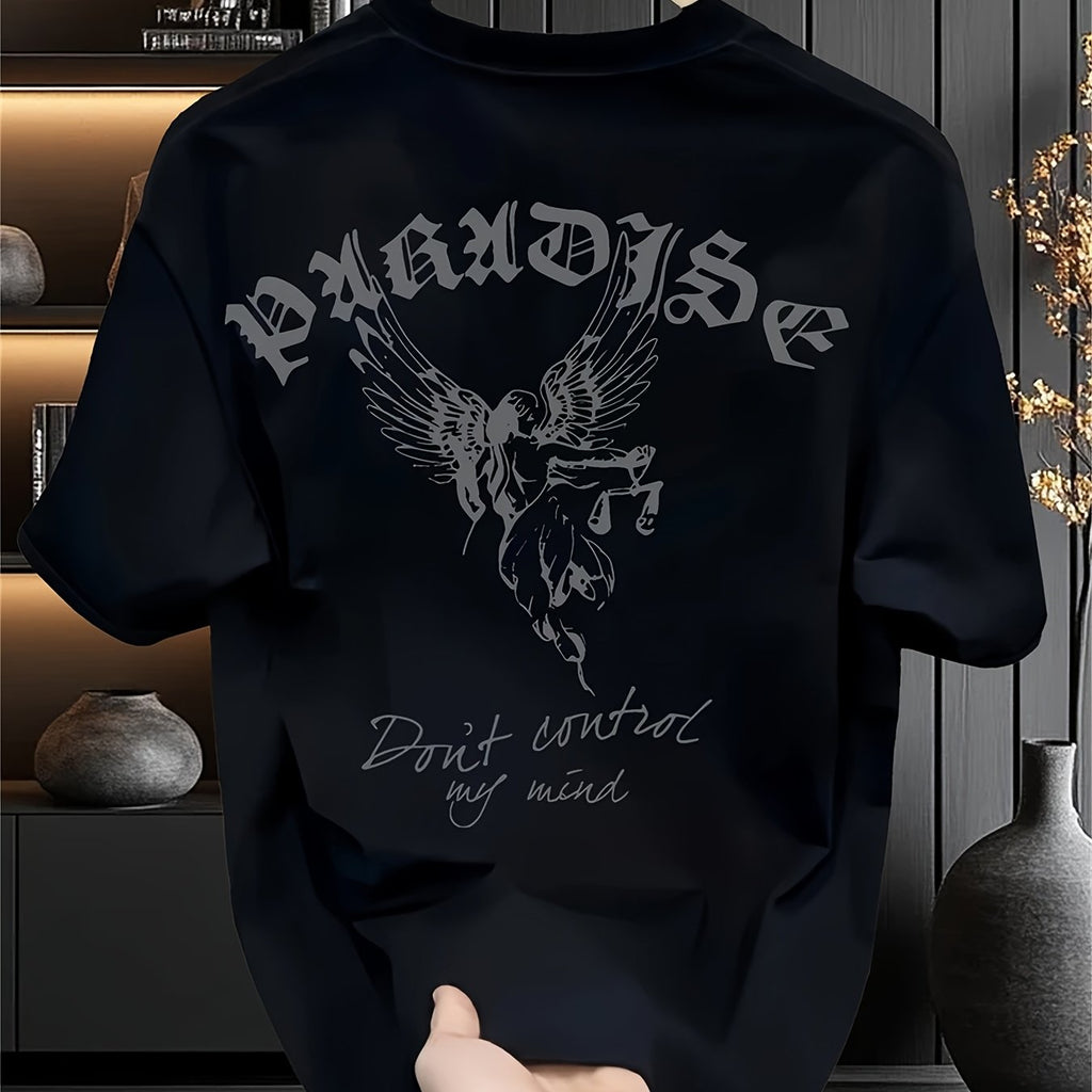Men’s Heavyweight Graphic Tee – Gothic Lettering & Winged Justice Design