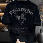 Men’s Heavyweight Graphic Tee – Gothic Lettering & Winged Justice Design