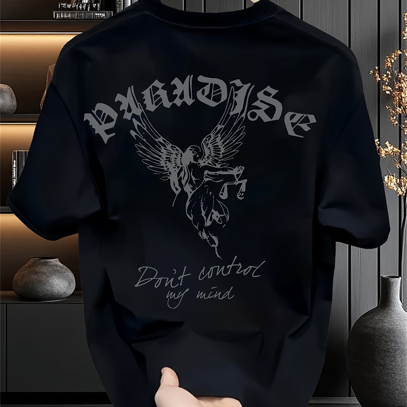 Men’s Heavyweight Graphic Tee – Gothic Lettering & Winged Justice Design