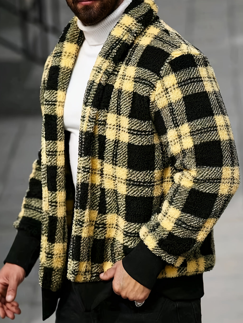 Men’s Plush Checkered Jacket – Black & Yellow Soft Thermal Fall/Winter Coat