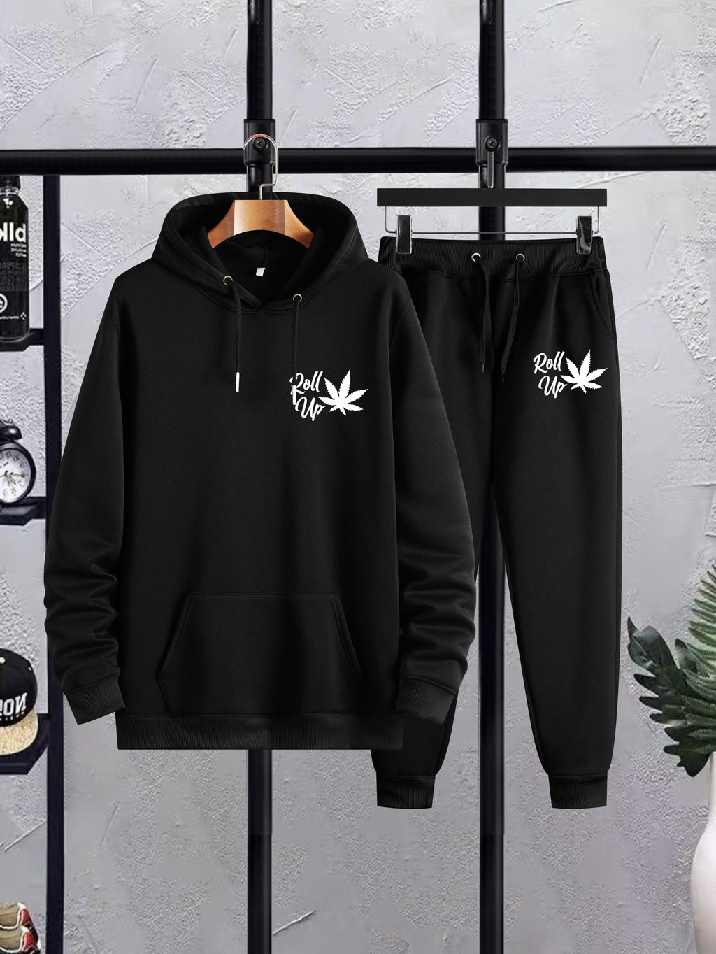 Plus Size Men’s Leaf & Roll Up Print Hoodie + Sweatpants Set