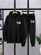 Plus Size Men’s Leaf & Roll Up Print Hoodie + Sweatpants Set