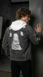 Men’s Distressed Slim-Fit Denim Jacket – Frayed Streetwear Workwear