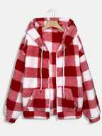 Women’s Checkered Plush Fleece Jacket – Mustard Yellow Zip-Up Winter Coat