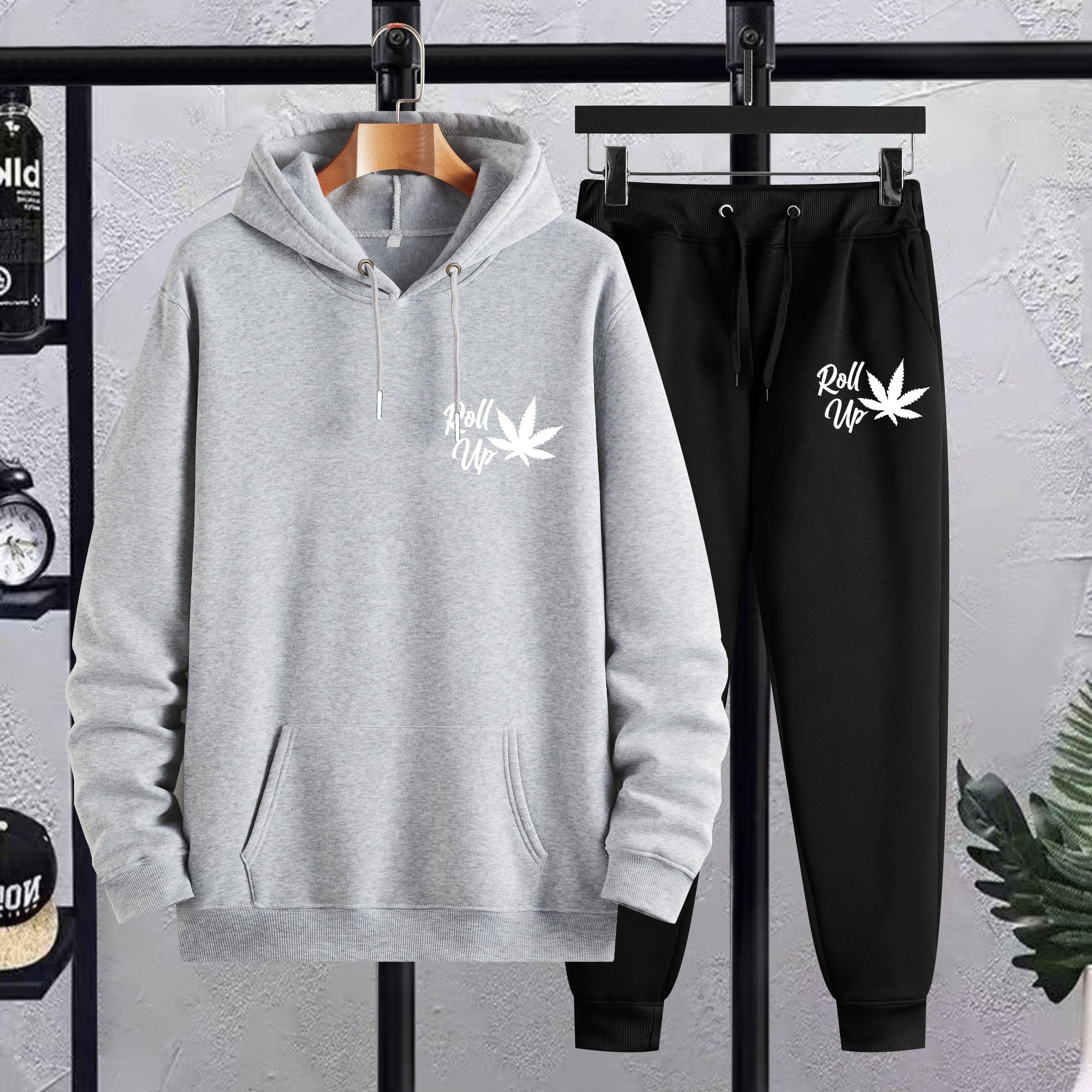 Plus Size Men’s Leaf & Roll Up Print Hoodie + Sweatpants Set
