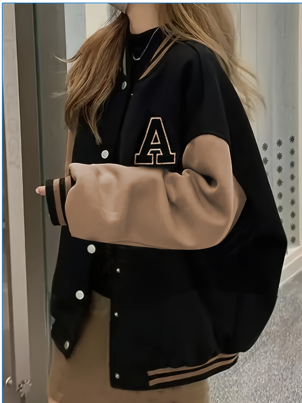 Women’s Black & Beige Letter A Baseball Jacket – Button-Up, Functional Pockets, Fall/Winter Outerwear