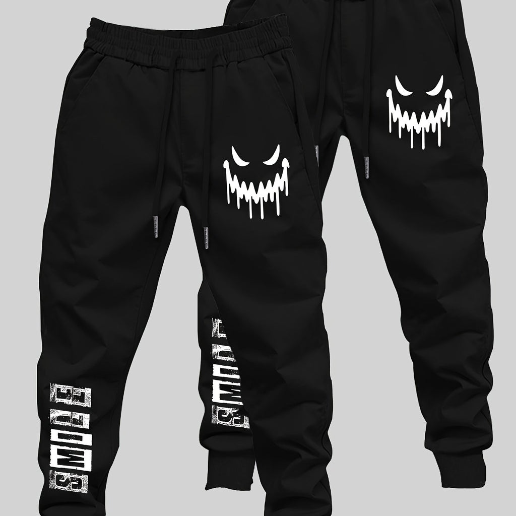 Men’s Joyful Face Graffiti Print 2-Piece Set – Casual Streetwear Long Pants & Top