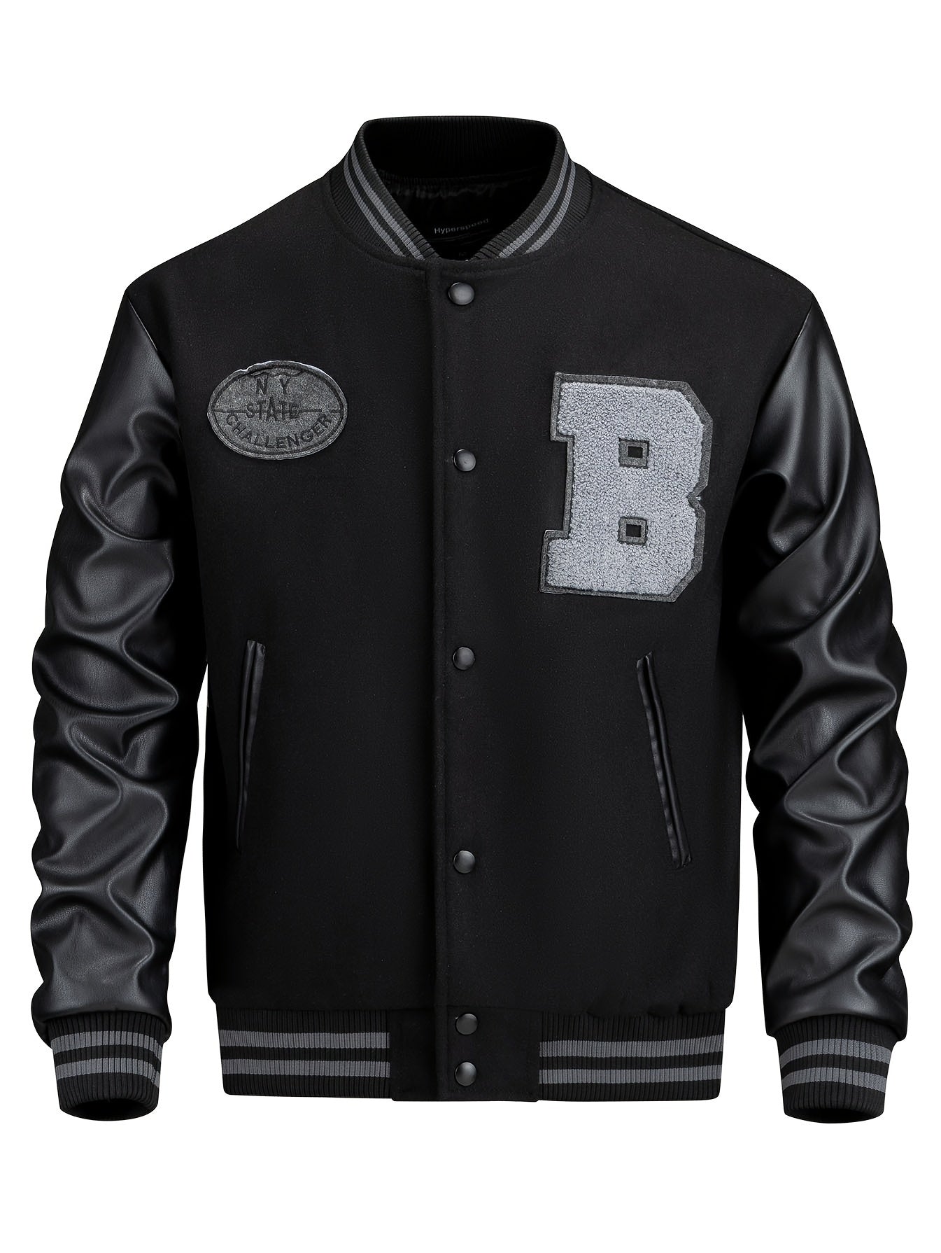 Men’s Black Baseball Jacket with Letter B – Vintage Varsity Outerwear, Polyester Lining