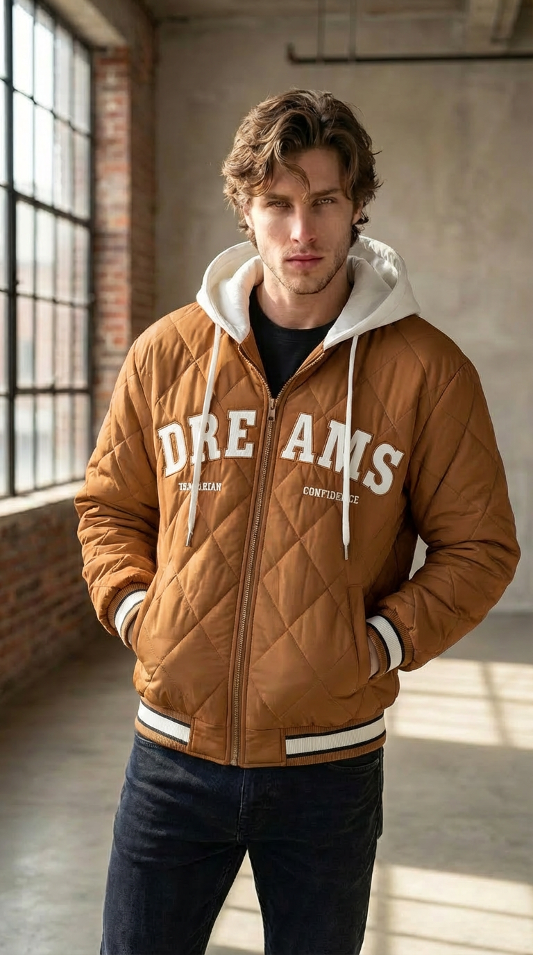 Men’s Letter Embroidery Winter Hooded Jacket – 2025 Faux Two-Piece Street Coat