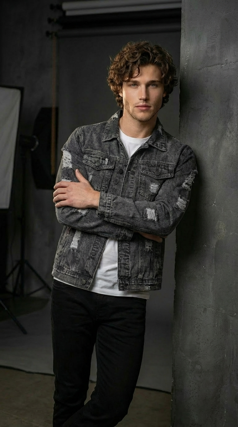 Men’s Distressed Slim-Fit Denim Jacket – Frayed Streetwear Workwear