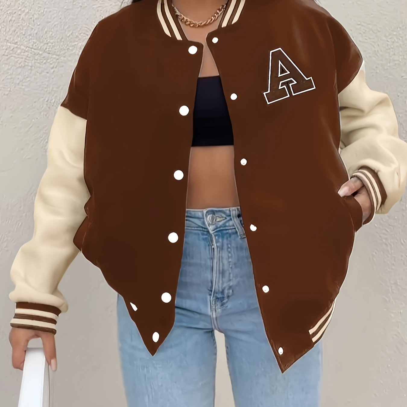 Women’s Black & Beige Letter A Baseball Jacket – Button-Up, Functional Pockets, Fall/Winter Outerwear