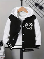 Funny Face Graphic Hoodie Jacket – Loose Fit Contrast Zip-Up Winter Outerwear