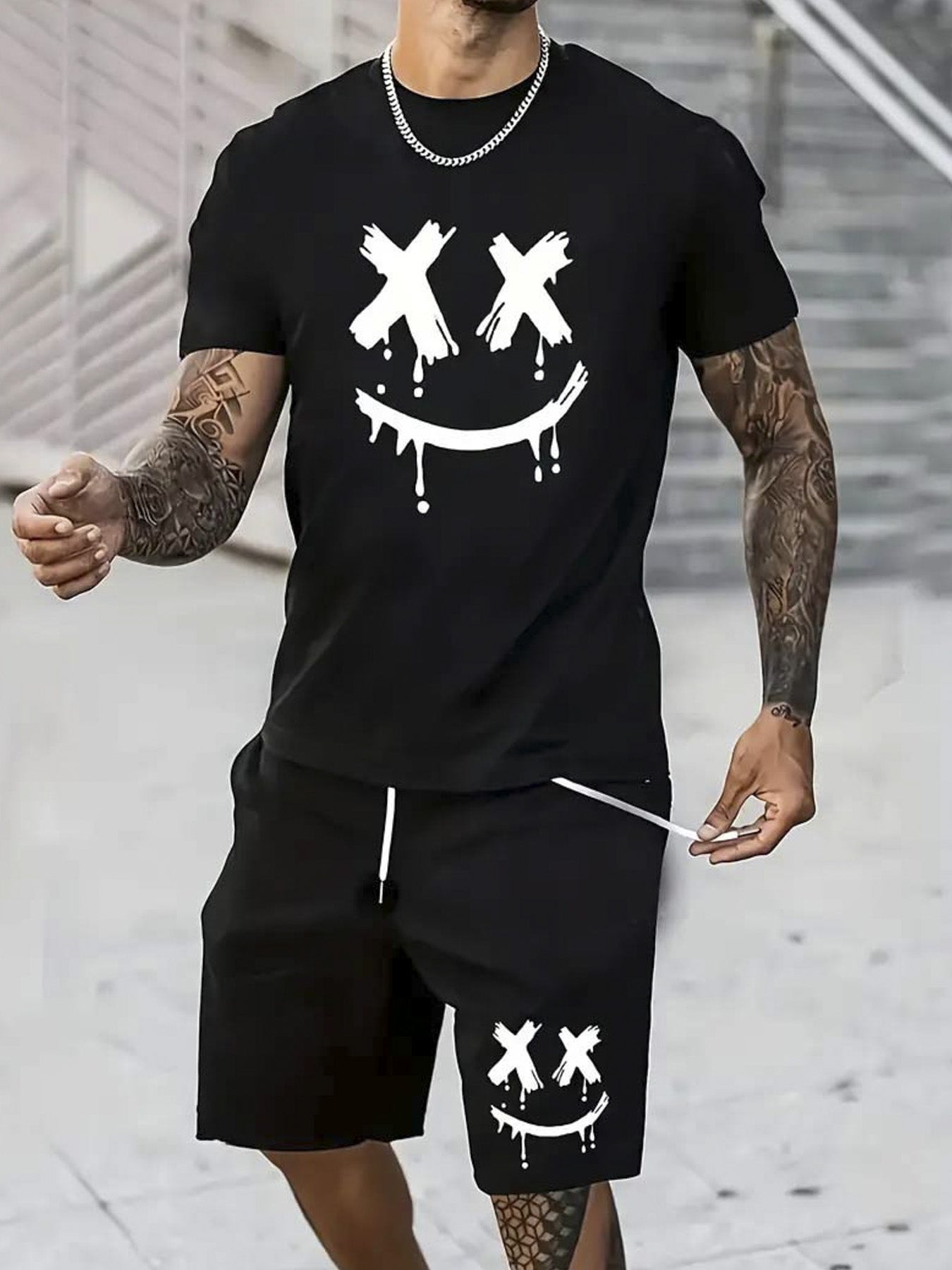 Men’s Oversized 180gsm Heavyweight Tee – Black with Joyful Face & X-Eyes Print