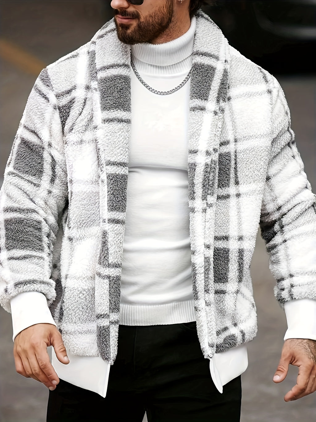 Men’s Plush Checkered Jacket – Black & Yellow Soft Thermal Fall/Winter Coat