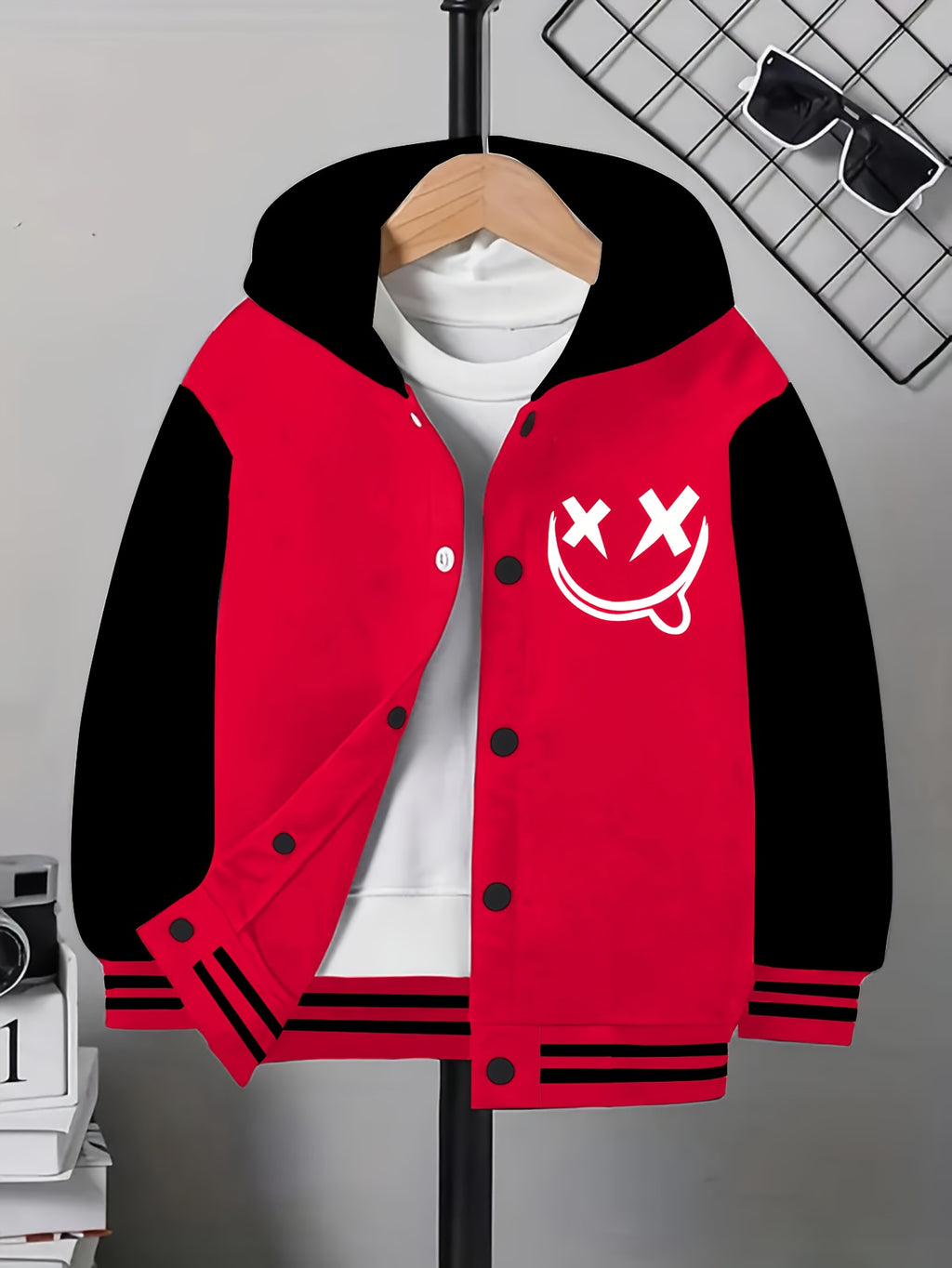 Funny Face Graphic Hoodie Jacket – Loose Fit Contrast Zip-Up Winter Outerwear