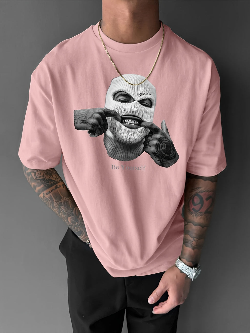 Men’s Loose Fit Graphic T-Shirt – Purple Knife & Smiling Face Print