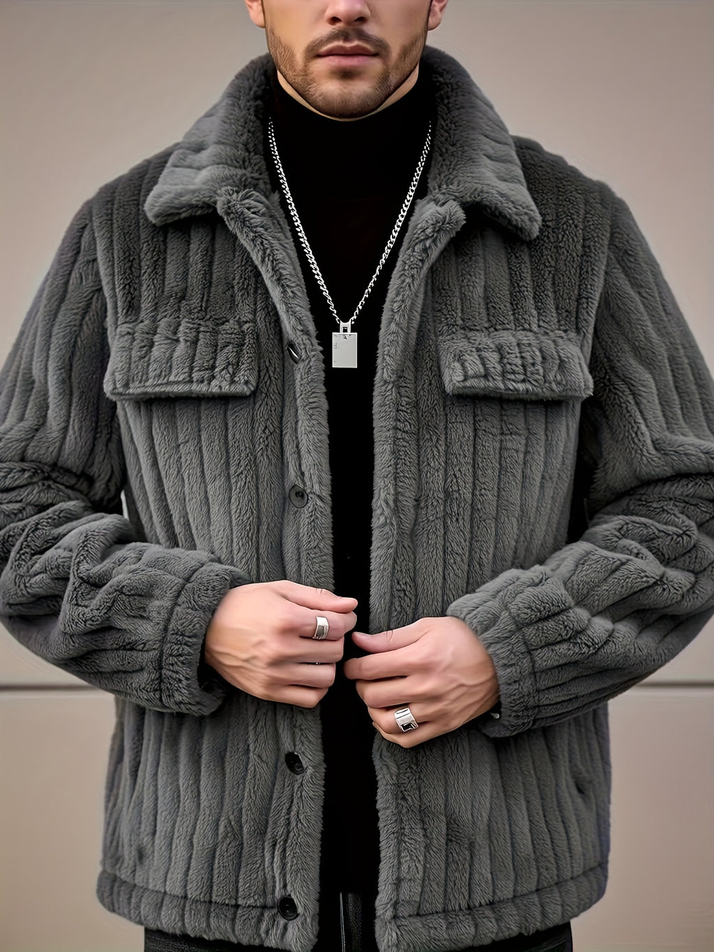 Men’s Plush Winter Coat – Grey Soft Collar Jacket with Single-Breasted Buttons