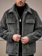 Men’s Plush Winter Coat – Grey Soft Collar Jacket with Single-Breasted Buttons