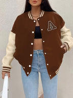 Women’s Black & Beige Letter A Baseball Jacket – Button-Up, Functional Pockets, Fall/Winter Outerwear