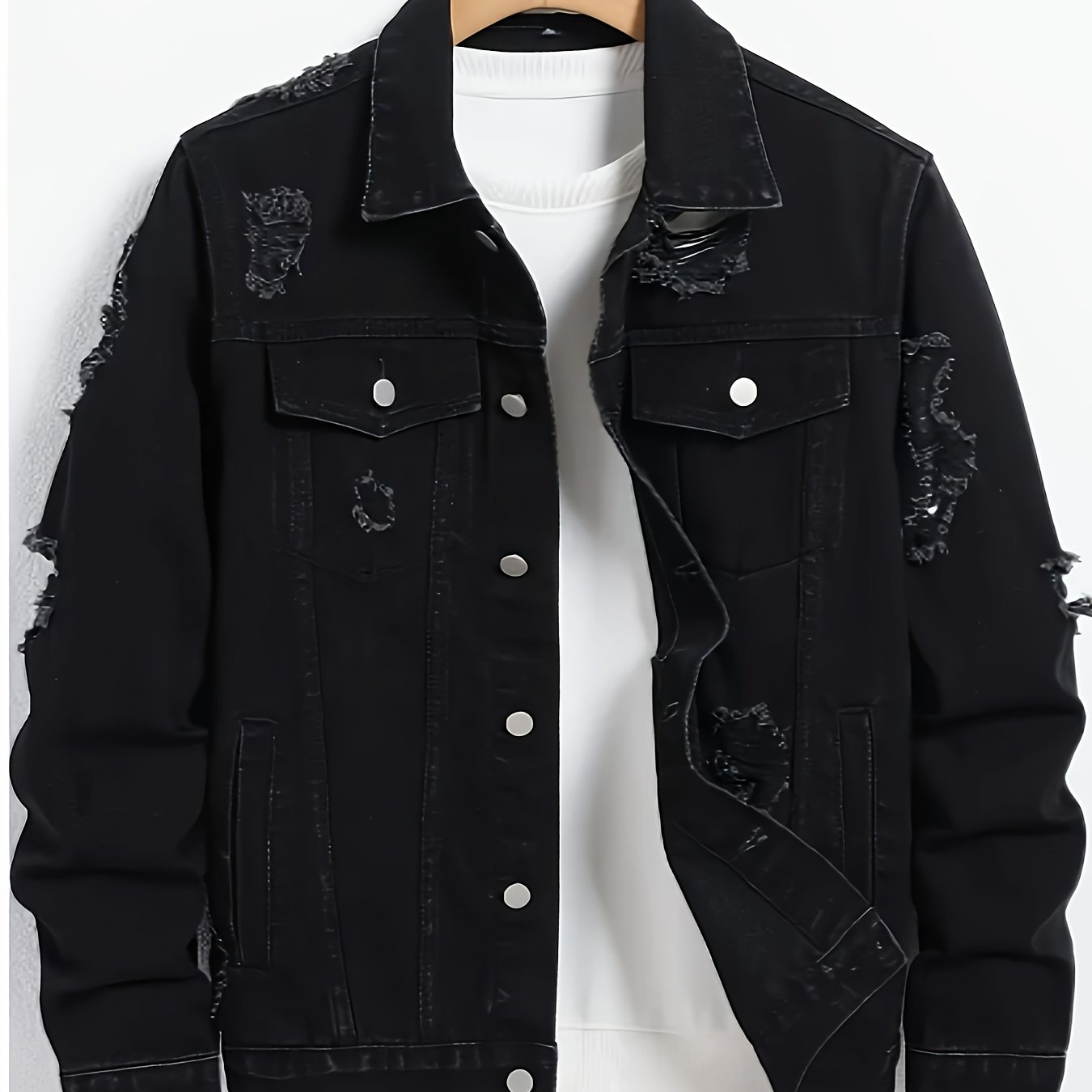 Men’s Bestseller Distressed Black Denim Jacket – Vintage Workwear Street Coat