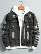 Men’s Distressed Slim-Fit Denim Jacket – Frayed Streetwear Workwear