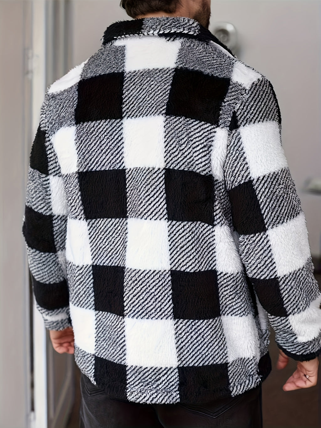 Men’s Plaid Plush Fleece Jacket – Black & White Button-Up Winter Outerwear