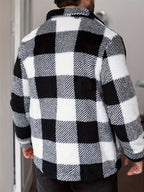 Men’s Plaid Plush Fleece Jacket – Black & White Button-Up Winter Outerwear