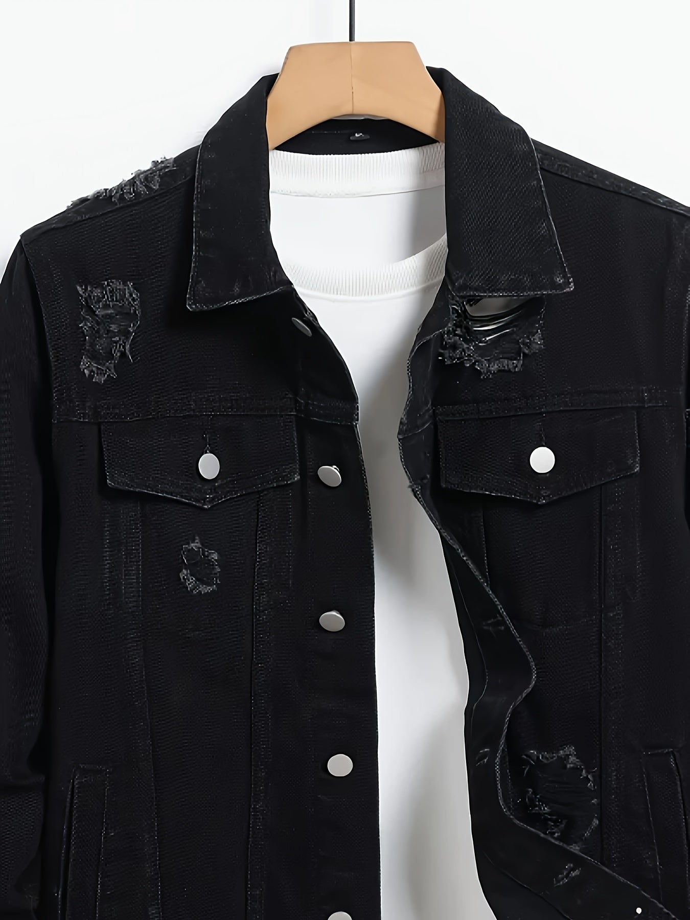 Men’s Bestseller Distressed Black Denim Jacket – Vintage Workwear Street Coat