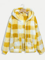 Women’s Checkered Plush Fleece Jacket – Mustard Yellow Zip-Up Winter Coat