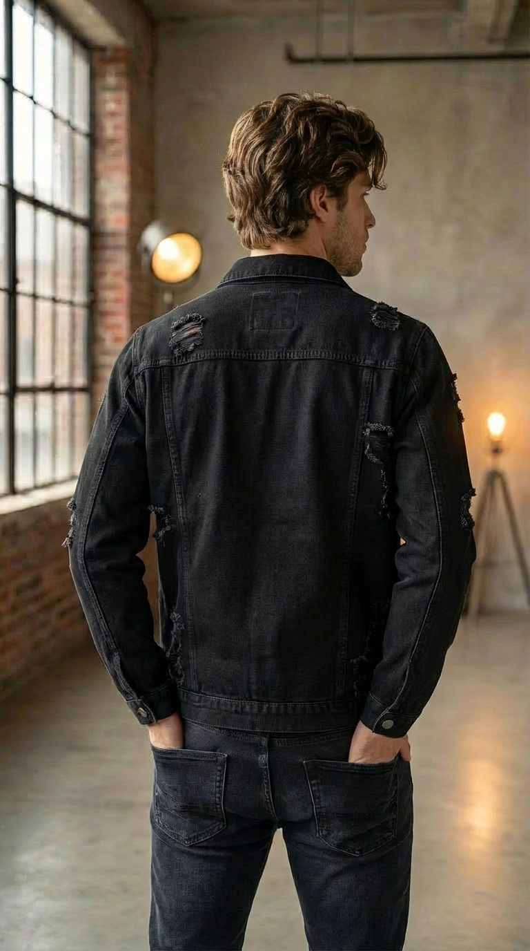 Men’s Bestseller Distressed Black Denim Jacket – Vintage Workwear Street Coat