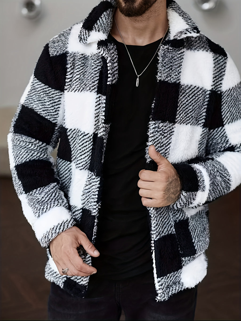 Men’s Plaid Plush Fleece Jacket – Black & White Button-Up Winter Outerwear
