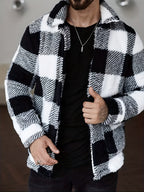 Men’s Plaid Plush Fleece Jacket – Black & White Button-Up Winter Outerwear