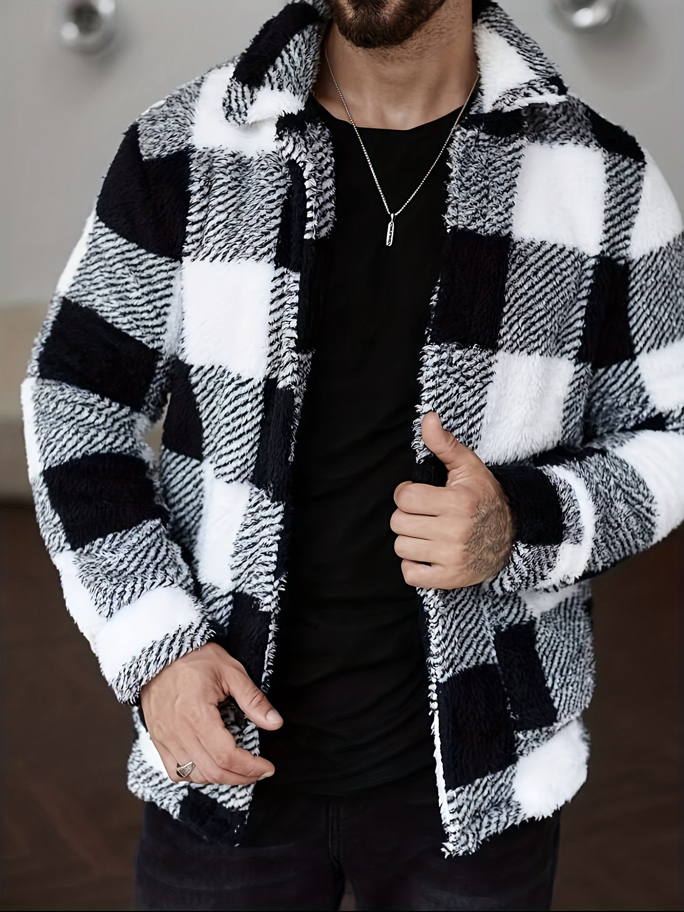 Men’s Plaid Plush Fleece Jacket – Black & White Button-Up Winter Outerwear